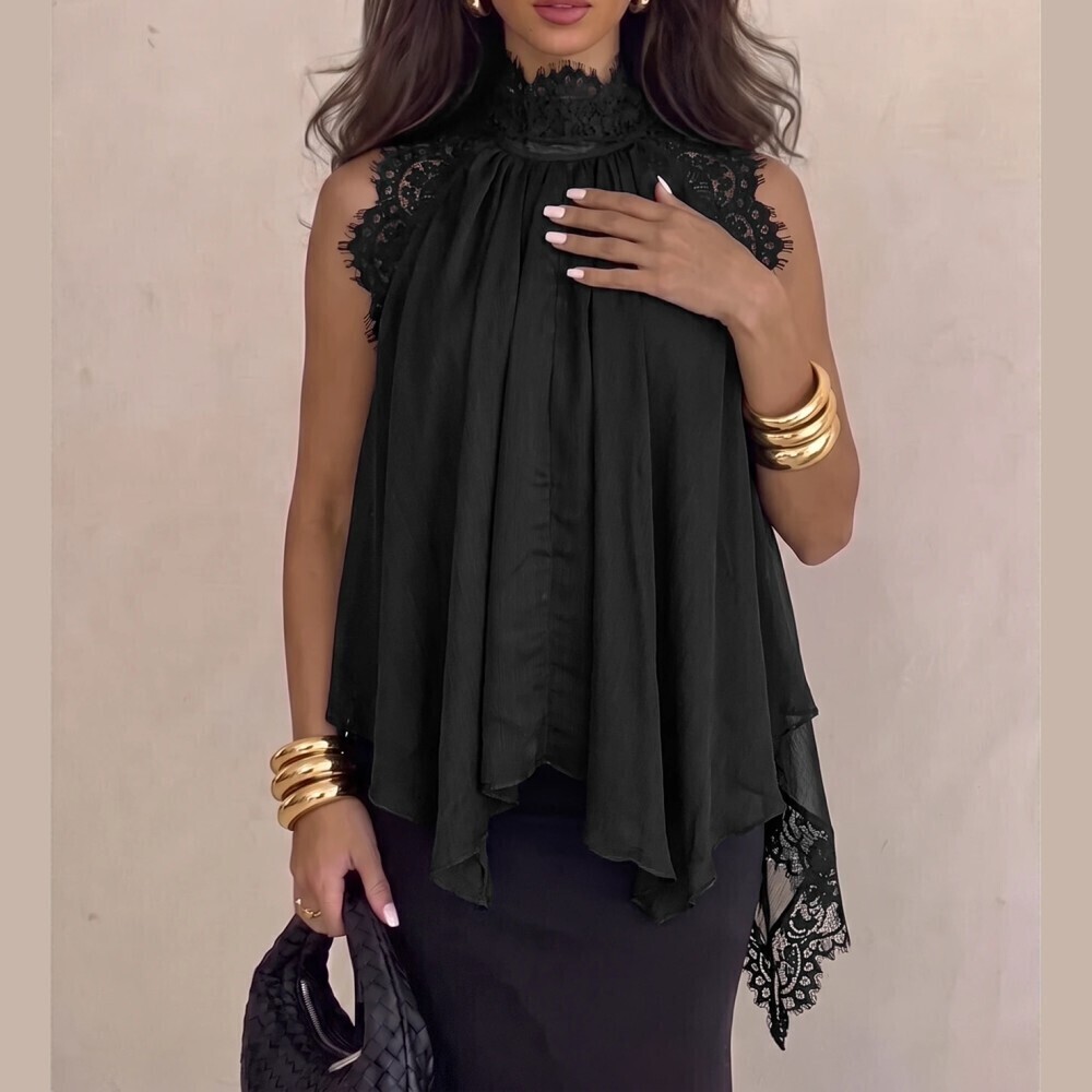 Black Chiffon Lace Trim Halter Neck Pleated Swing Blouse